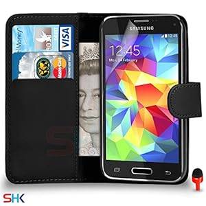 Samsung Galaxy S5 MINI Premium Leather Black Wallet Flip Case Cover Pouch Screen (Wallet Black)