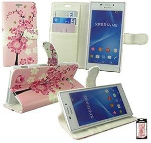 Emartbuy Sony Xperia M2 / Xperia M2 Dual Premium PU Leather Desktop (Wallet Case in Pink Blossom)