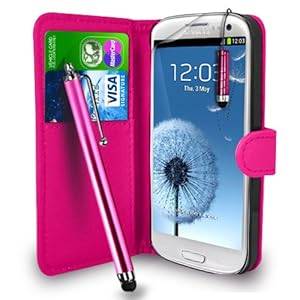 Samsung Galaxy S3 i9300 - Premium Leather Wallet Flip Case Cover Pouch Long Tou (Wallet HotPink)