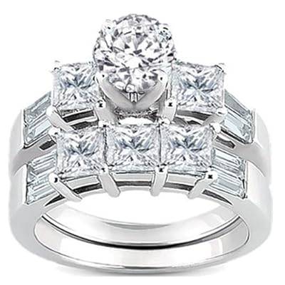 14k White Gold Round, Princess & Baguette Diamond Ladies Bridal Ring Matching Band Set (1.50ctw)