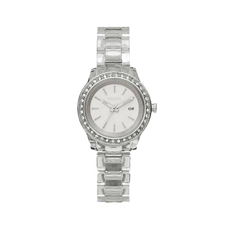Fossil Women's ES2612 Clear Plastic Bracelet White Glitz Analog Dial Watch