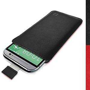 iGadgitz Premium Pouch Sleeve Black Leather Case Cover for HTC One M8 2014 with Pull Tab