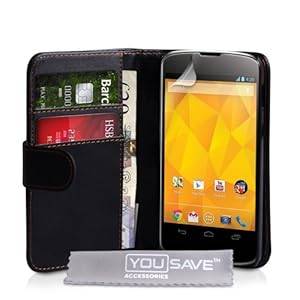 Yousave Accessories PU Leather Wallet Cover Case for Nexus 4 - Black