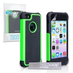 Yousave Accessories Tough Grip Combo Silicone Cover Case for iPhone 5/5S - Black/Green