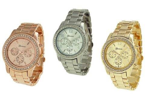 3 PACK Geneva Silver Gold and Rose Gold Plated Classic Round CZ Ladies Boyfriend Watch