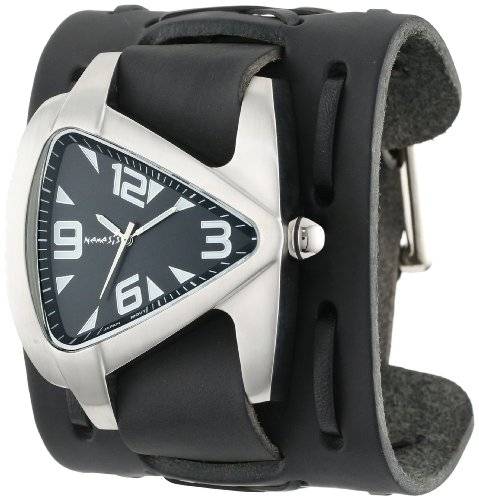 Nemesis Men's WXB011K Signature Stainless Steel Teardrop Black Dial Leather Cuff Watch