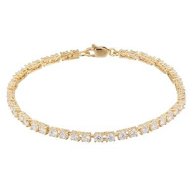 Platinum Plated or 18k Yellow Gold Plated Sterling Silver Round Cubic Zirconia Tennis Bracelet (3mm,