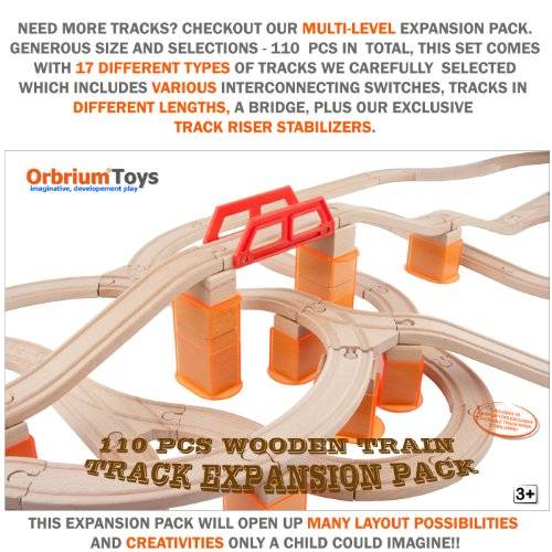 110 PCs Orbrium Toys Multi-Level Wooden Train Track Expansion Pack with Stackable Track Riser Stabil