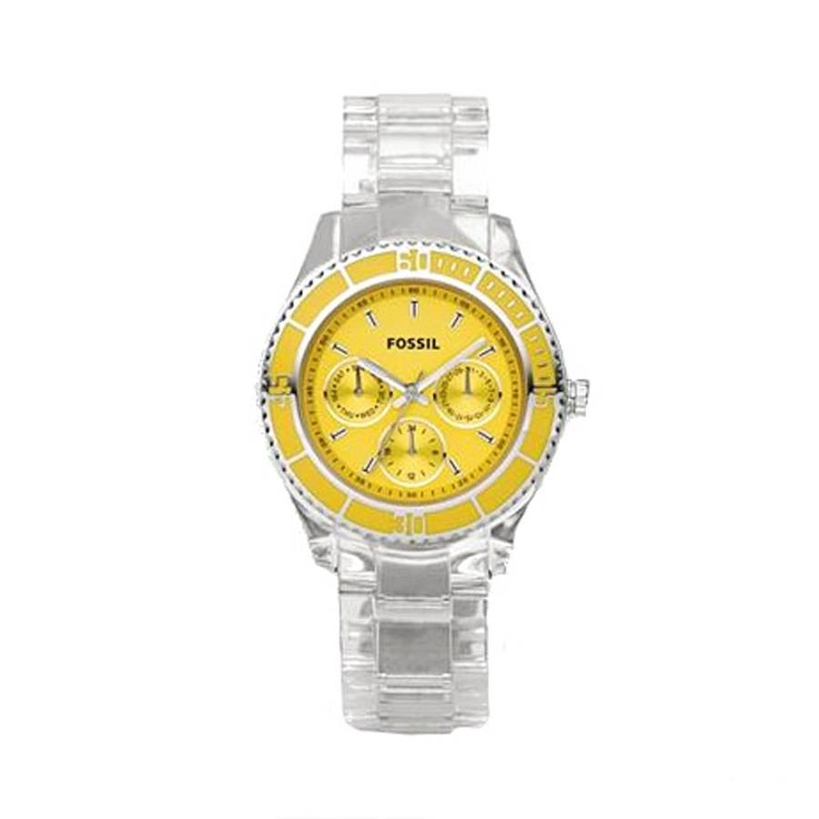 Fossil Women's ES2609 Clear Plastic Bracelet Yellow Analog Dial Multifunction Watch