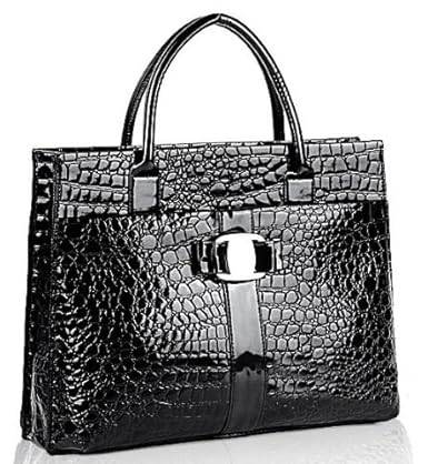 Chic Black MAXX Crocodile Print PU Patent Leather Office Tote Top Handle Satchel Handbag Briefcase