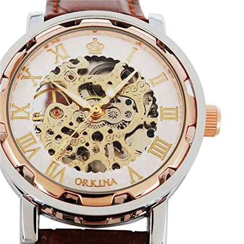 GuTe Steampunk Bling Skeleton Mechanical Hand-wind Wristwatch Silver Rose-gold Case