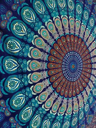 Blue Color Theme Queen Size Mandala Wall Tapestries, Psychedelic Indian Tapestry Bedding, Bohemian W
