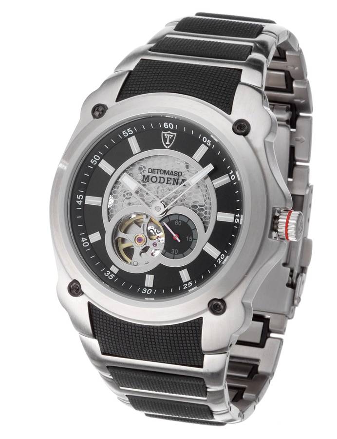 DETOMASO ITALIA Men's AUTOMATIC MODENA Blk/Slv GRAND PRIX RACER Watch BRAND NEW