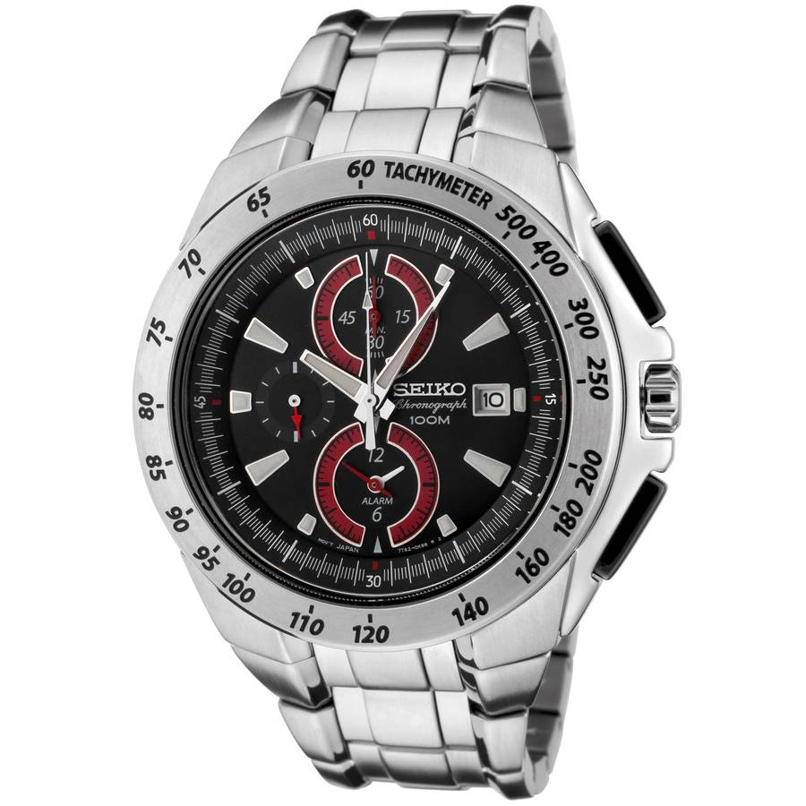 ***R7300***Seiko Men's SNAB07 Chronograph Stainless Steel Black Dial Alarm Watch