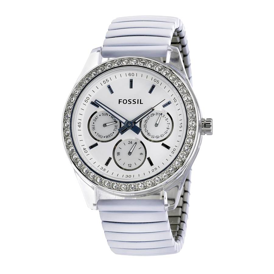 Fossil Women's ES2953 White Expandable bracelet White Steel Case Silver Dial Crystallized Bezel Watc