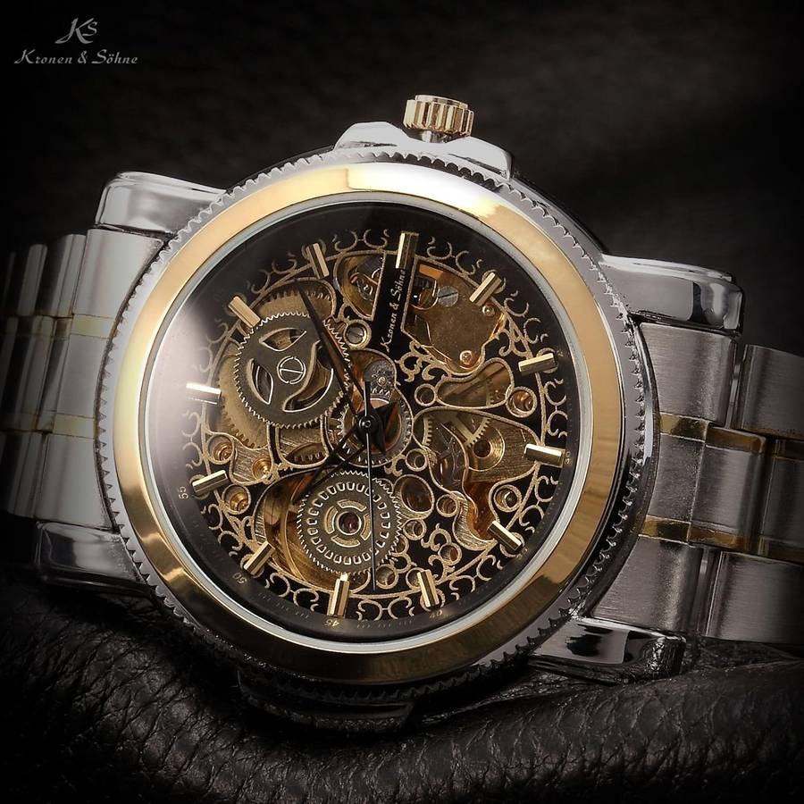 KRONEN & SOHNE Steam Engine BLACK Skeletor Automatic Mechanical Watch KS138 w/ box, papers, warranty