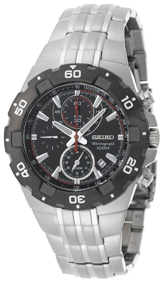 **R7000**Seiko Men's SNAD35 Silver-Tone Black Bezel Sport Alarm Chronograph Watch