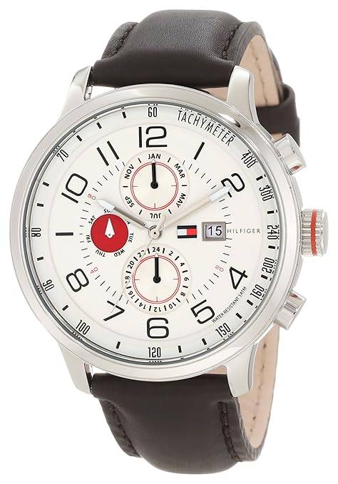 Tommy Hilfiger Men's 1790858 Stainless Steel and Leather Multi-Function White and Red Dial Watch