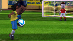 Ronaldinho in Mii form in front of goalkeeper in 'FIFA Soccer 09 All-Play'