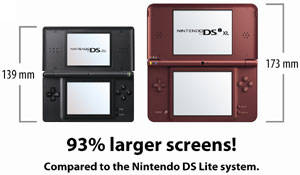 A screen size comparison between the DS Lite and the DSi XL Burgundy