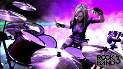 Screenshot of a female drummer rocking hard in Rock Band 3 Screenshot of a female drummer rocking hard in Rock Band 3