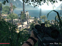 Sniper's first-person view from above a jungle refinery setting in Sniper: Ghost Warrior