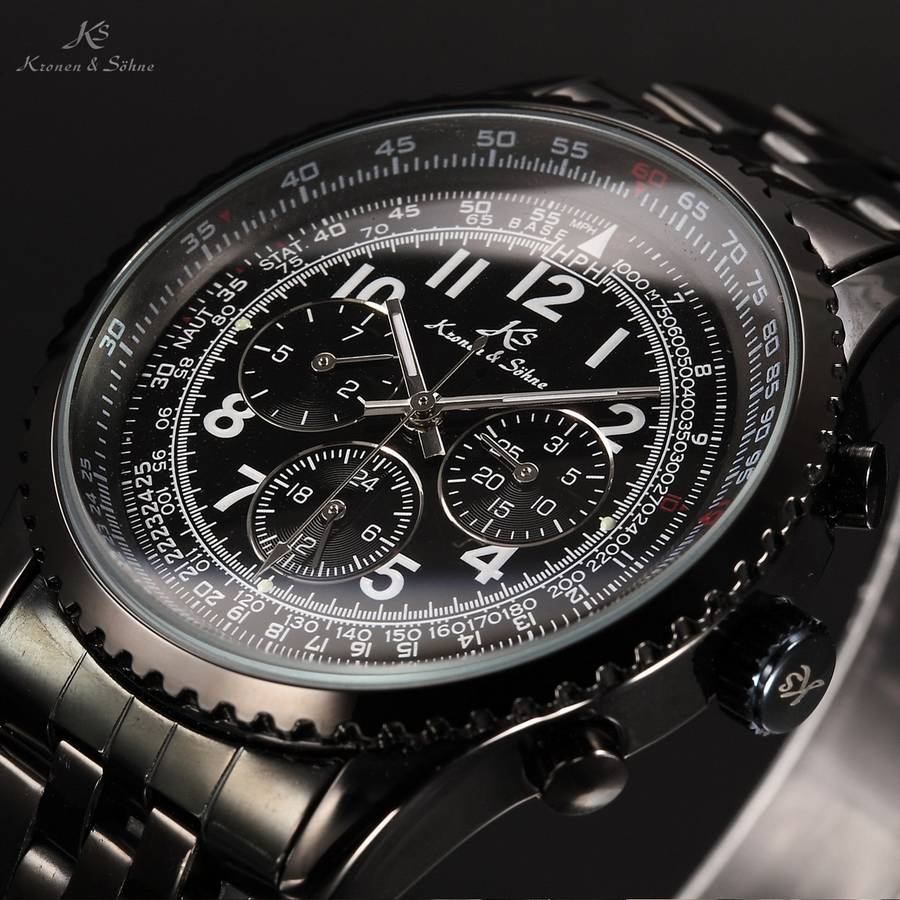 Brand new!! KRONEN & SOHNE Aviator Automatic Flight Calculator Black IP Chrono w/ box, papers