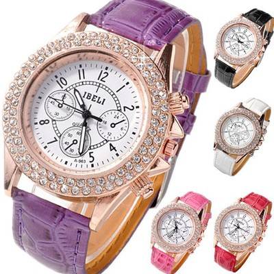 Womens-Crystal-Decorated-Racing-Style-Analog-Quartz-Wrist-Watch-PU-Leather