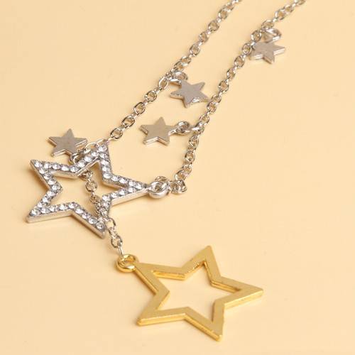 Fashion-Womens-Silver-Gold-Crystal-Rhinestone-Stars-Pendant-Long-Chain-Necklace