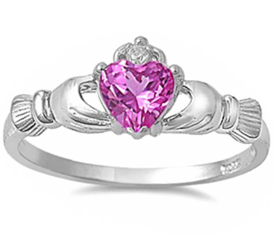 Irish Claddagh Heart Cubic Zirconia Ring .925 Sterling Silver Rose Pink Size 8
