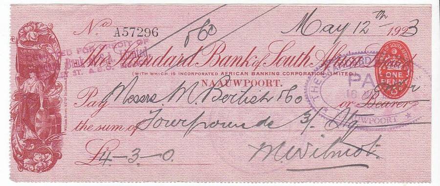 THE STANDARD BANK OF SOUTH AFRICA CHEQUE(USED) 12 MAY 1923 / 4.3.0 POUNDS # A57296