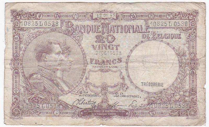BELGIUM 20 FRANCS 1945