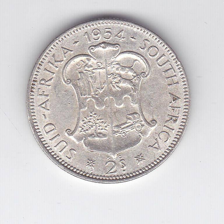 SOUTH AFRICA 2 SHILLINGS 1954 HIGH GRADE SILVER