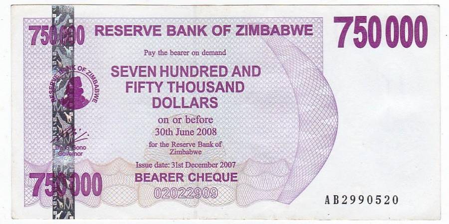 ZIMBABWE 750 000 DOLLARS BEARER CHEQUE 2008 HIGH GRADE