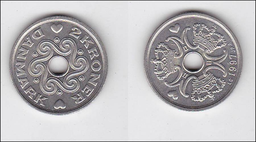 DENMARK 2 KRONER 1997 EXTRA FINE