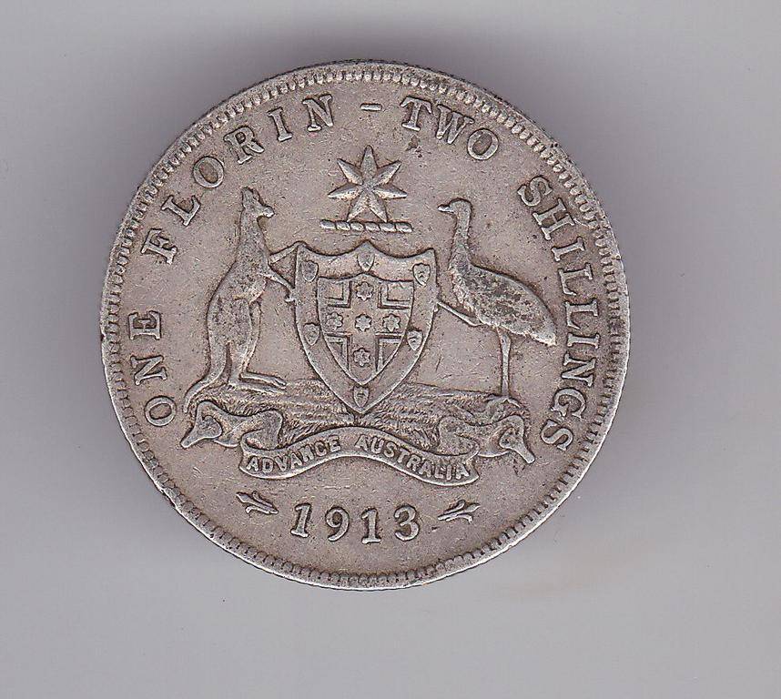 AUSTRALIA FLORIN 1913 SILVER V = $22.5 VF = $200
