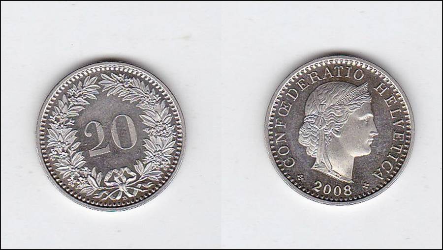 SWITZERLAND 20 RAPPEN 2008 HIGH GRADE