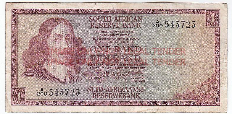 SOUTH AFRICA 1 RAND T.W. DE JONGH A200 543723 / 1967