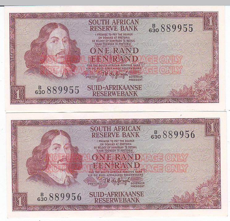 TWO CONSECUTIVE ONE RANDS T.W. DE JONGH B630 889955/6 - HIGH GRADE