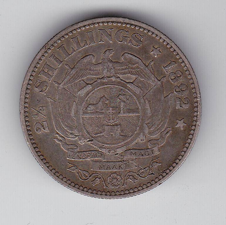 ZAR 2 1/2 SHILLINGS 1892 LOWEST MINTAGE ONLY 16 300