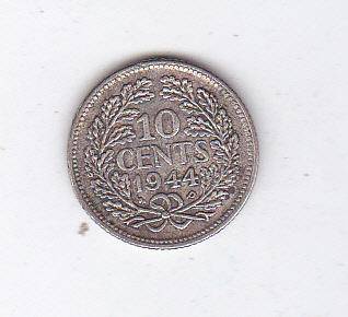 NETHERLANDS 10 CENTS 1944 SILVER