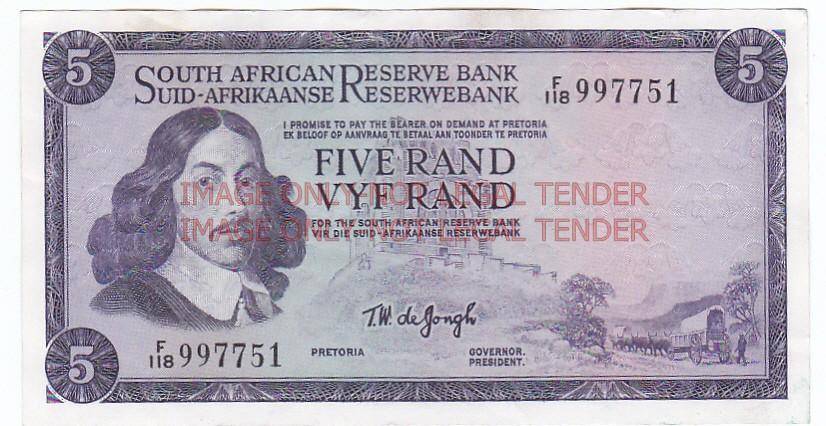 SOUTH AFRICA 5 RAND T.W. DE JONGH F118 997751 HIGH GRADE / 1967