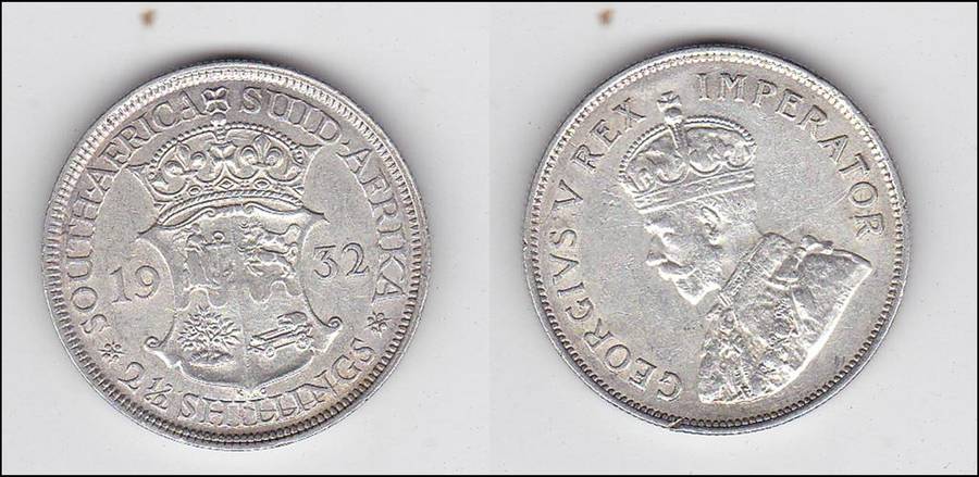 SOUTH AFRICA 2 AND A HALF SHILLINGS 1932 SILVER EF=R1500 HIGH GRADE