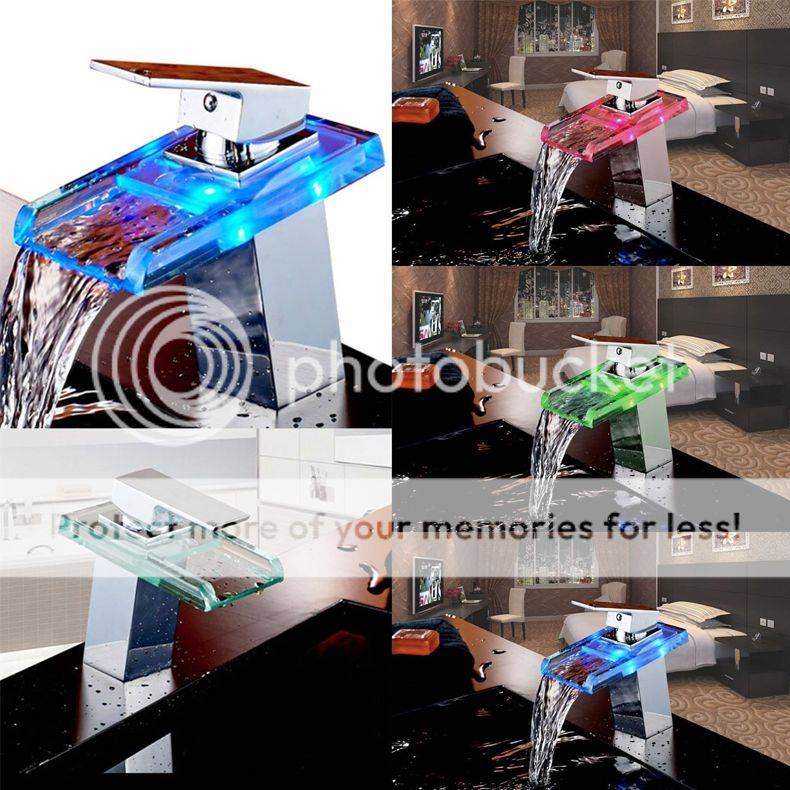 *LOCAL STOCK* Top Chrome Bathroom LED Waterfall Square Glass Faucet Sink Basin Mixer Water Tap