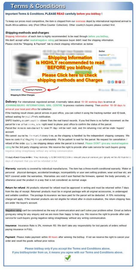 Important Shipping T&C