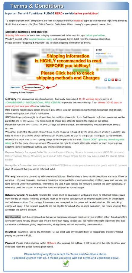 Important Shipping T&C