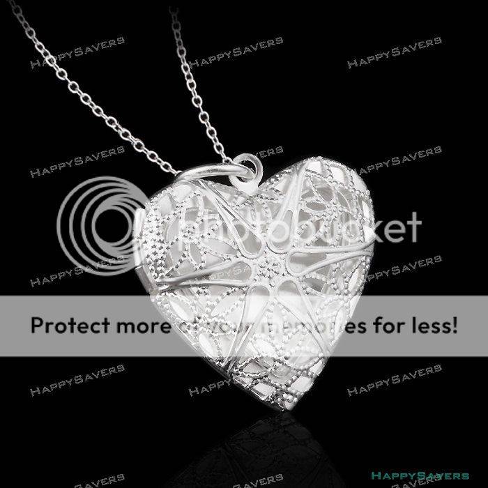 Sterling Silver Locket Photo Pendant Heart Shaped Necklace with Chain