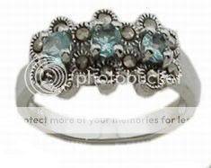 925 Sterling Silver Flowers Aqua CZ Marcasite Ring 7 O