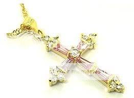 Amazing 18k gp CZ and Pink Sim Sapphire Cross Pendant