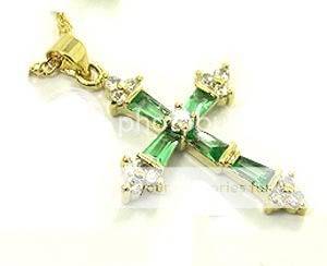 Very pretty 18k gp CZ and sim green Emerald Cross Pendant